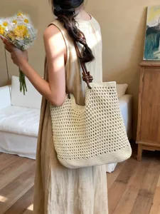 Women Woven Tote Bag Large Capacity Casual Vacation Shoulder Bag Fabric Handbag Summer Beach Travel
