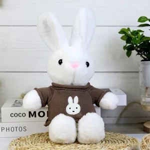 Cute dressed rabbit plush toy with brown sweater, soft stuffed doll gift for kids girls.