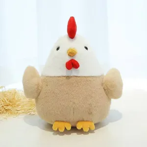 Cute rooster plush toy detail view, soft stuffed chick doll close up, fluffy animal toy.