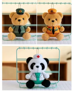 Cute plush bear and panda keychain pendant, soft toy bag charm with uniform design.