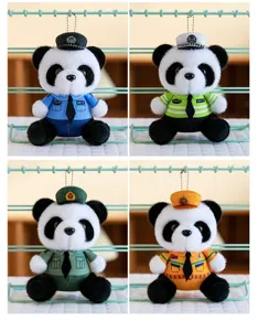 Cute panda plush toy keychain in police uniform, soft stuffed doll pendant for bags.