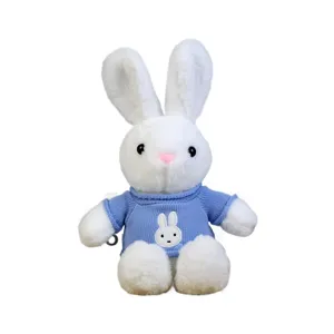 Cute plush rabbit toy wearing blue knit sweater soft stuffed animal doll for kids gift
