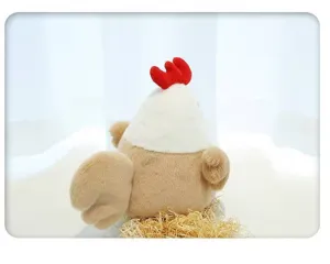 Detail view of cute rooster plush toy, soft fabric texture, perfect kids birthday gift.