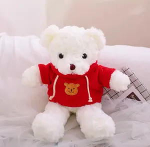 Close-up detail of a cute white plush teddy bear wearing a red hoodie with cute embroidery.
