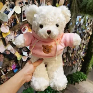 White plush teddy bear toy wearing a cute pink hoodie with bear embroidery, soft doll detail.
