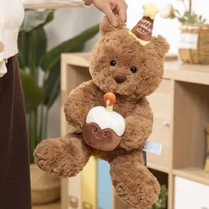 Cute birthday bear plush toy with cake, soft stuffed animal doll for girls, party gift.