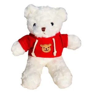 Cute white teddy bear plush toy wearing red hoodie soft stuffed animal gift for kids