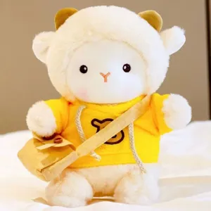 Cute white lamb plush toy with yellow hoodie and cross-body bag, soft stuffed animal gift.