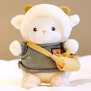 Cute plush sheep doll toy wearing a green knitted sweater and a small yellow bag for gift.