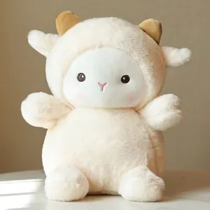 Cute fluffy sheep plush toy with brown horns and rosy cheeks, soft stuffed lamb doll for gift.