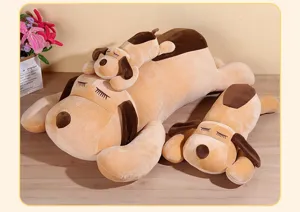 Cute sleeping dog plush toy long pillow detail shot showing multiple soft puppy dolls together.