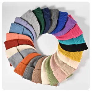 Colorful knitted winter beanie warm solid color cuff cap stylish fashion casual cold weather hat