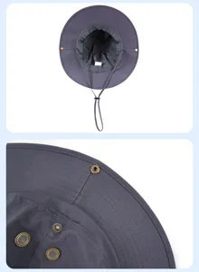 Dark grey hiking sun hat detail showing wide brim, adjustable chin cord and metallic eyelets.