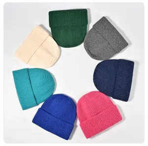 Colorful knitted beanie hat set, winter warm ribbed skull cap, multiple vibrant colors available.