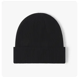 Classic black ribbed knit beanie hat for men and women, warm winter slouchy cap.