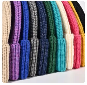Colorful ribbed knit beanie hat for winter, warm and stylish wool cap in multiple colors.