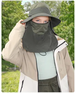 Outdoor sun protection bucket hat with full face cover and breathable mesh for hiking.