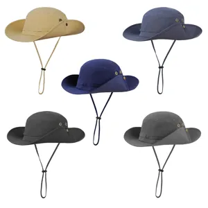 Outdoor sun hat with wide brim, UV protection, and adjustable chin strap in multiple colors.