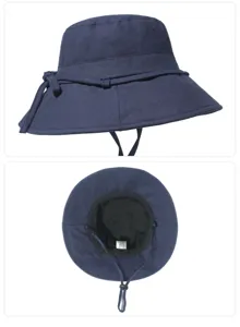 Navy blue wide brim bucket hat with elegant bow decoration and chin strap for sun protection.