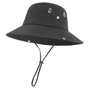 Black wide brim bucket hat with metal eyelets and adjustable chin strap for outdoor sun protection.