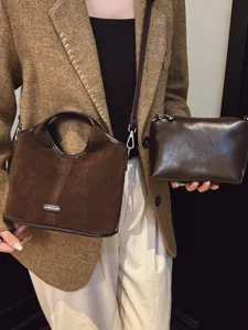 Γυναικεία vintage σουέτ τσάντα ώμου bucket ρετρό κομψή τσάντα χειρός για φθινόπωρο