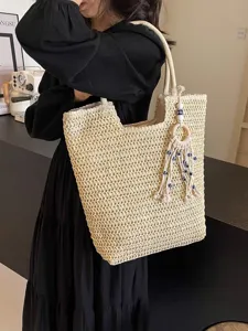 Borsa tote intrecciata di paglia di grande capacità estiva per donne, borsa da spiaggia casual.
