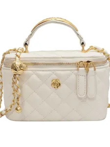 White quilted chain shoulder bag for women, stylish crossbody handbag with gold hardware.