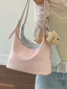Women Casual PU Leather Crossbody Bag Simple Solid Color Hobo Shoulder Bag Daily Fashion Handbag with Optional Cute Pendant