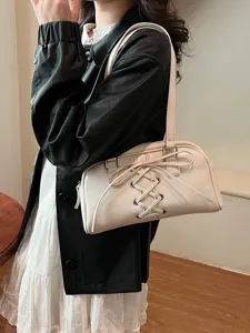 Modische beige Leder Umhängetasche für Damen, trendige Vintage Kissen Handtasche Ansicht.