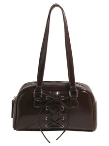 Braune Lackleder Umhängetasche mit Korsett-Schnürung und Schleife, stilvolle Kissen-Tasche.