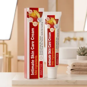 Nahaufnahme der Intim-Hautcreme in Tube und Schachtel mit milden Inhaltsstoffen auf Marmor.
