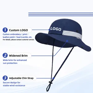 Professional outdoor sun protection bucket hat with breathable mesh and adjustable chin strap.