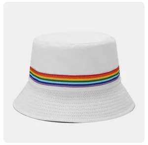 Stylish white bucket hat with colorful rainbow ribbon trim for outdoor sun protection.