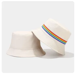 Classic cotton bucket hat with colorful rainbow ribbon stripe, stylish and comfortable sun hat.