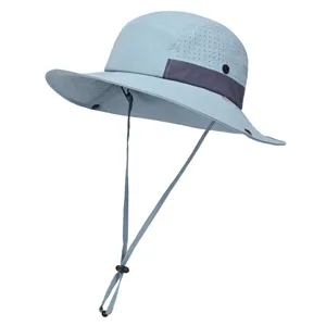 Light blue sun hat with laser breathable holes, windproof chin strap, outdoor hiking fishing cap.