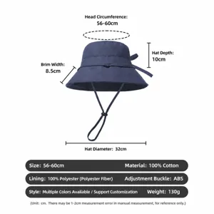 Wide brim sun protection bucket hat with windproof strap, breathable cotton summer hat for women.