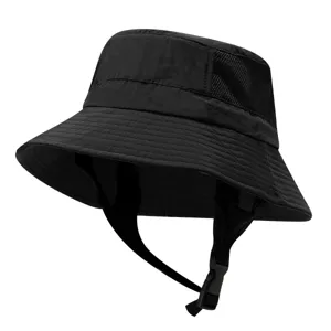 Black waterproof outdoor sun bucket hat with breathable mesh and windproof chin strap.