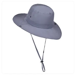 Outdoor grey sun protection bucket hat with wide brim, breathable eyelets and windproof strap.
