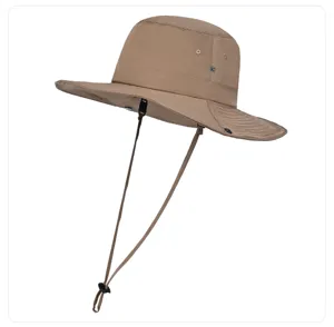 Detailed view of the khaki wide brim sun hat featuring adjustable chin strap and cooling fabric.