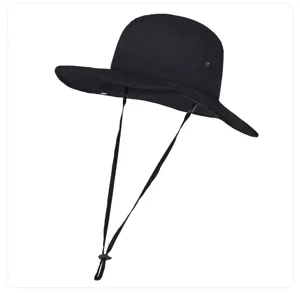 Black wide brim outdoor sun hat detail shot, quick drying hiking bucket hat with windproof cord.