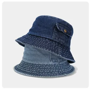 Washed retro denim bucket hat with pocket design, casual Japanese style sun protection.