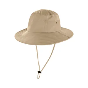 Close-up of khaki outdoor sun protection bucket hat with mesh panels and adjustable chin cord.
