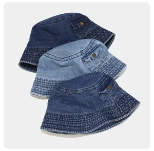 Stylish washed denim bucket hat with side pocket, Japanese casual sun protection sun hat.