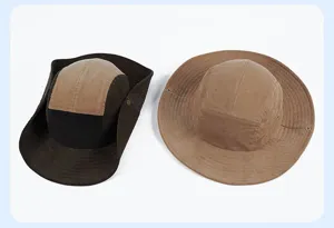 Corduroy wide brim outdoor sun hat fabric texture and metal snap button details view.