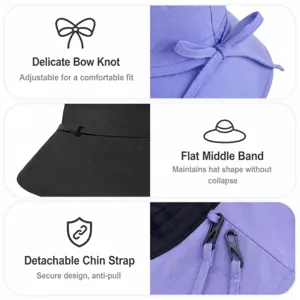 Sun protection bucket hat with bow wide brim adjustable windproof strap for women summer