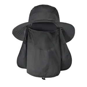 Black breathable outdoor sun hat with wide brim face mask and neck flap for hiking fishing