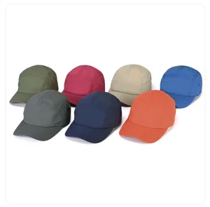 Detail view of multi-color 5-panel nylon running hats, quick-drying outdoor sports cap.