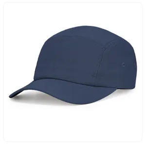 Navy blue 5-panel camp cap detail, waterproof nylon fabric, quick-drying curved brim athletic hat.