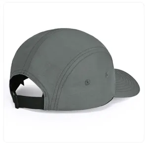 Side detail view of a grey quick-drying 5-panel nylon outdoor sports cap with adjustable strap.