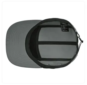 Grey 5-panel nylon camp cap detail view showing inner construction and wash label clearly.